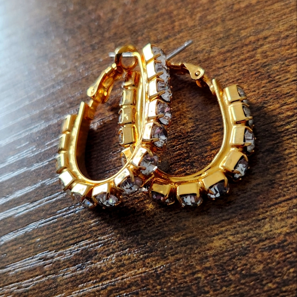 Gold tone and faux diamond hoop earrings